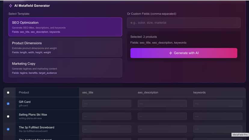 Success message showing metafield changes saved to Shopify prod.