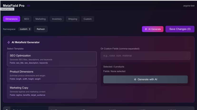 Metly dashboard showing products list with editable data