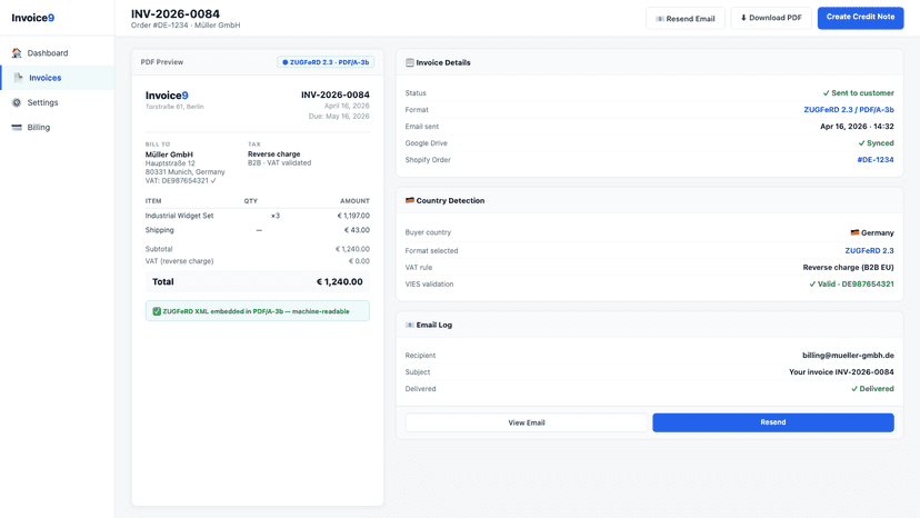 Invoice detail with PDF preview and country auto-detection