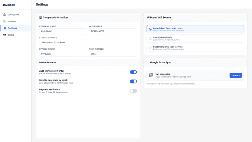 Settings page: VAT source, auto-generate, Google Drive sync