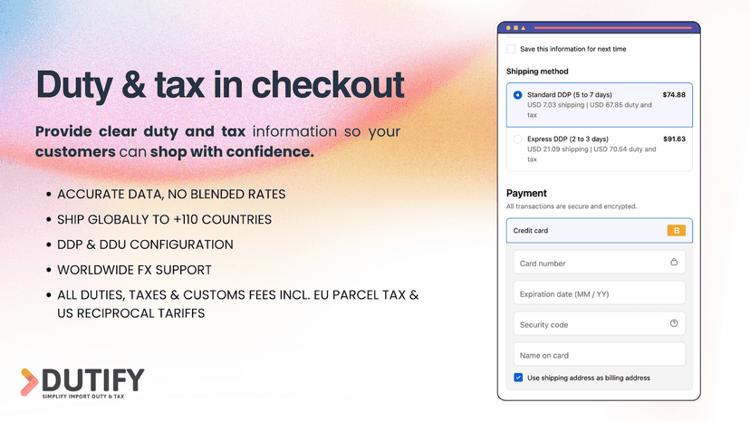 Image showing duty and tax calculated in Shopify cart
