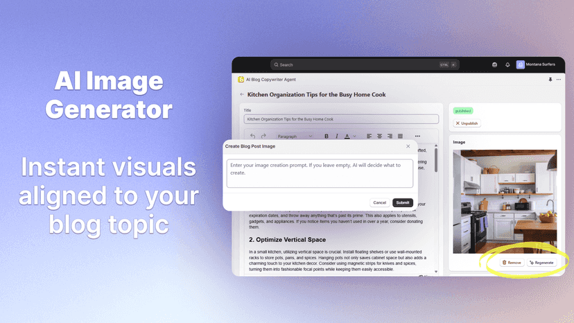 AI Image Generator Instant visuals aligned to your blog topic