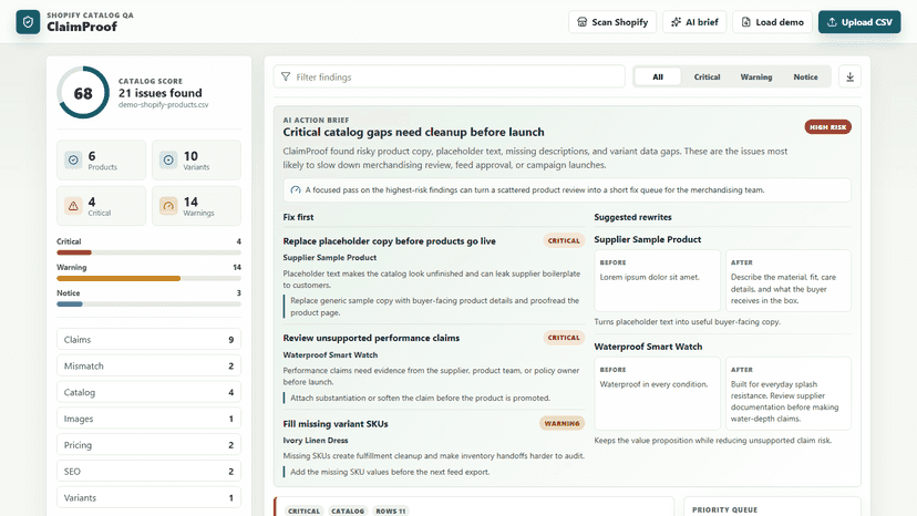 AI action brief with suggested product rewrites