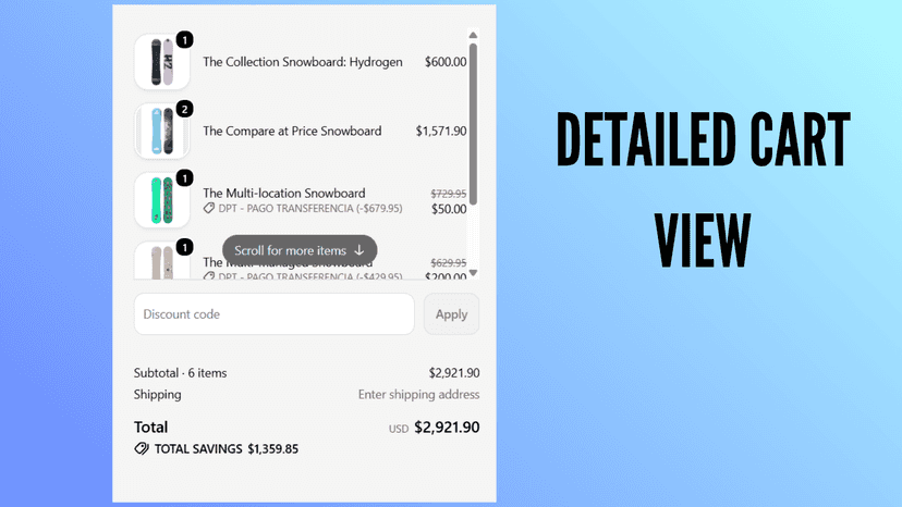 Cart detail view showing applied discounts and total savings