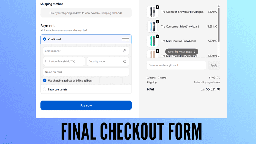 Checkout form filtered to show transfer payment method only
