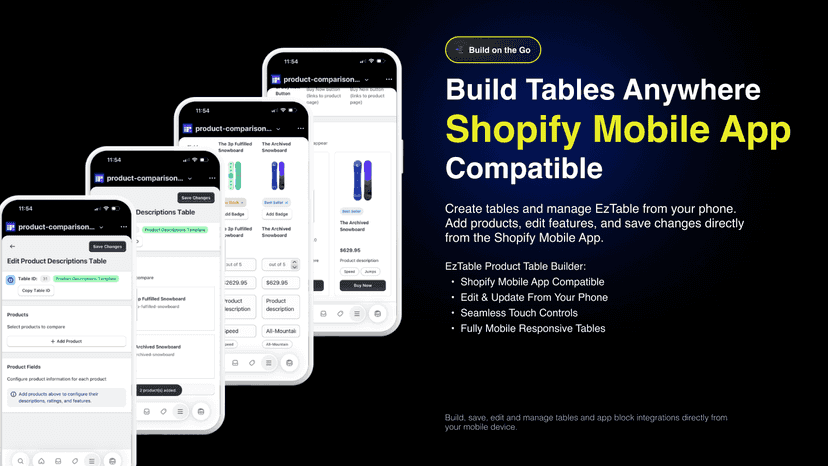 Mobile compatible EzTable table builder screens on mobile device