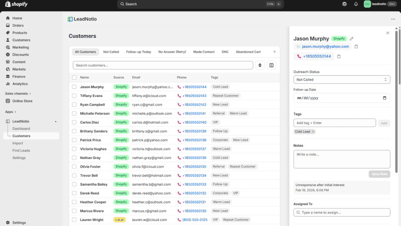 LeadNotio Customer Detail Panel