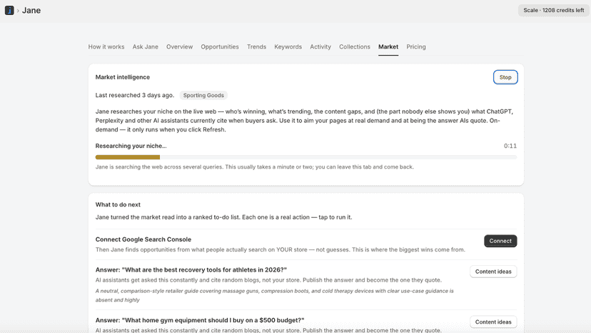 Jane's Market tab with competitor and AI search insights