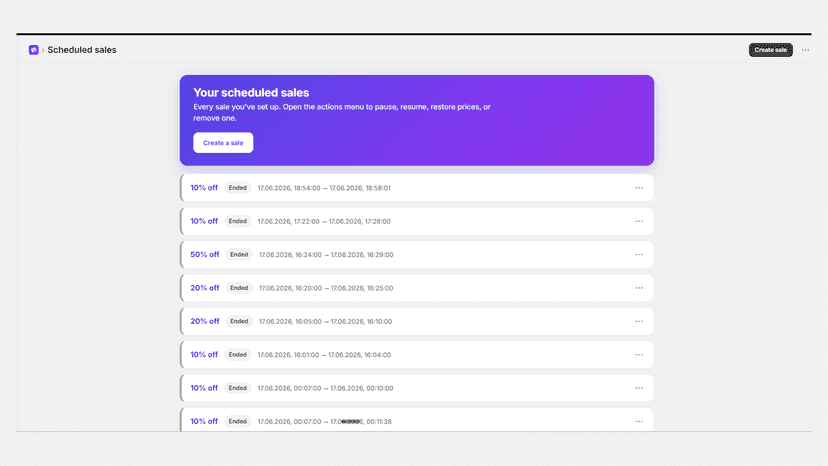 All sales in one place: pause, resume, restore, delete