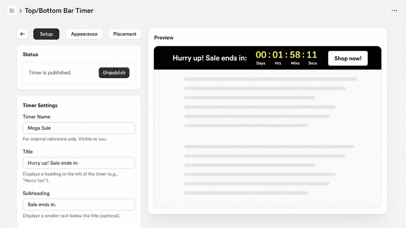 Customize timer content, design, and placement with live preview