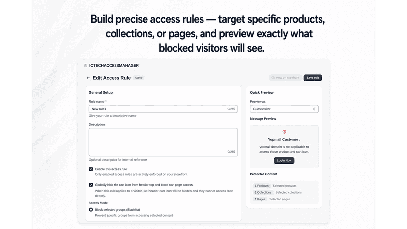 Access rule builder with product targeting and live preview