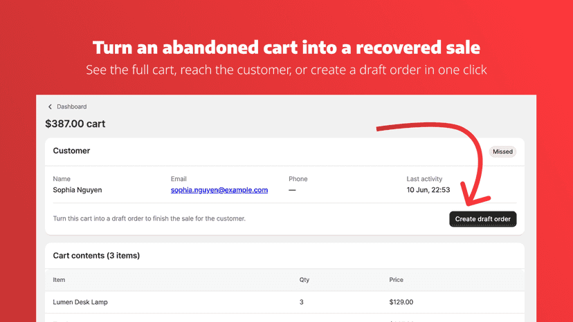 Cart Radar cart detail with create draft order button