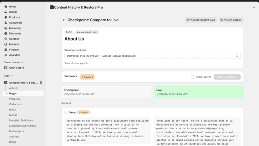Content History & Restore Pro visual diff comparing two contents