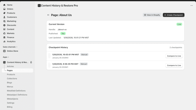 Revision history timeline with auto and manual checkpoint types