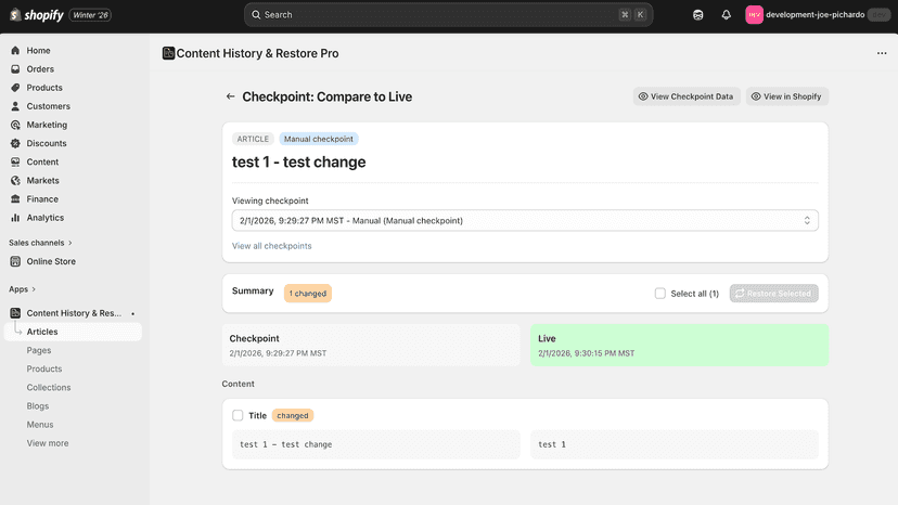 Compare different checkpoint versions