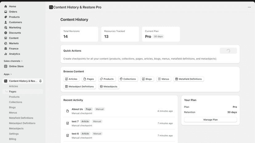 Dashboard with total revisions, tracked resources, and activity