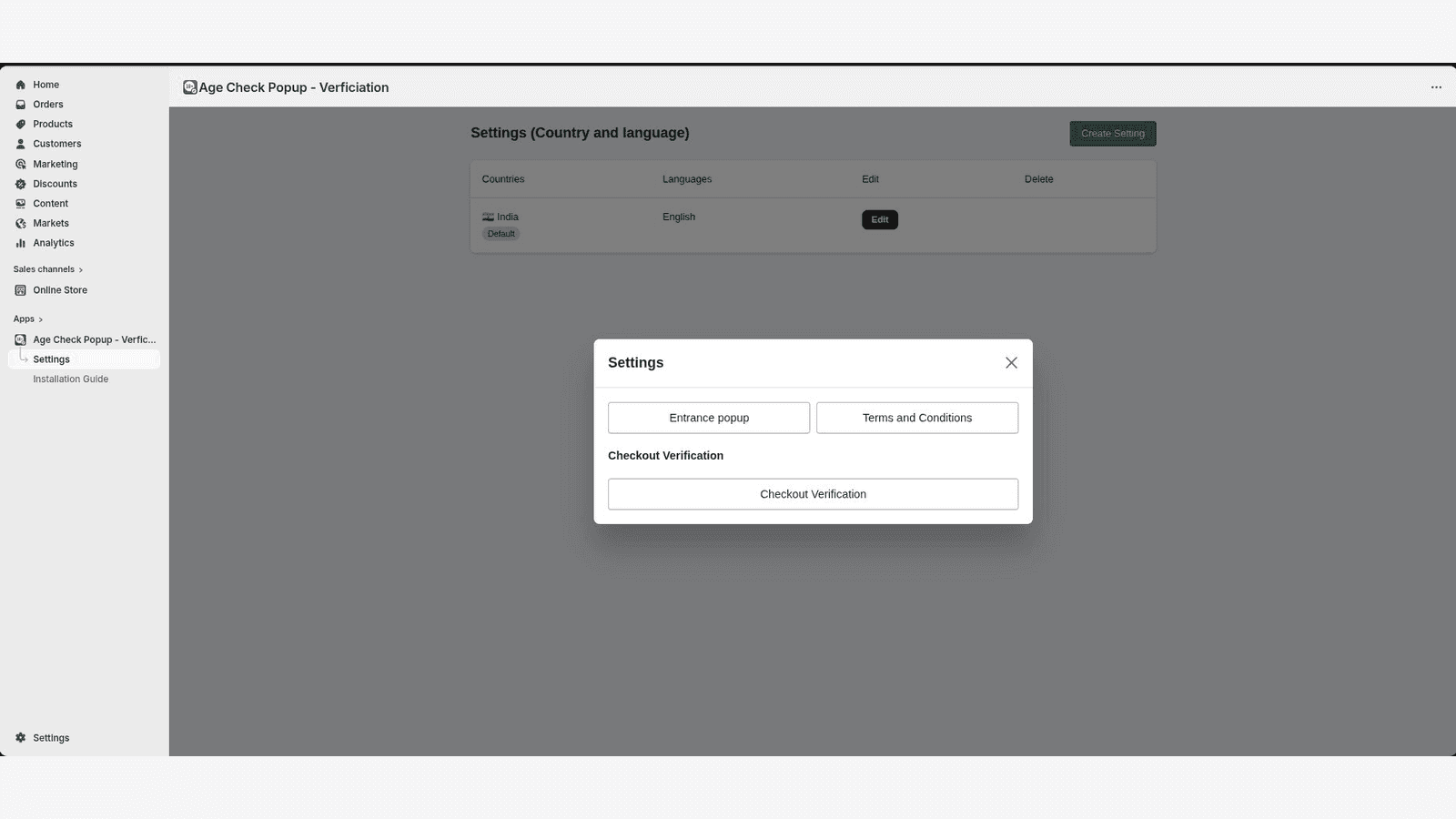 Age verification type selection with country language settings
