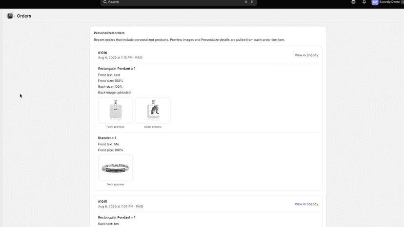 View personalized orders with design previews