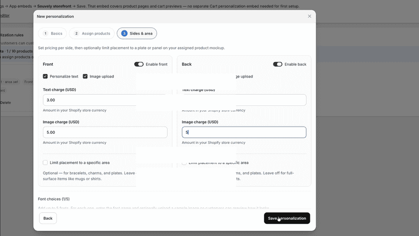Configure front and back text image fees