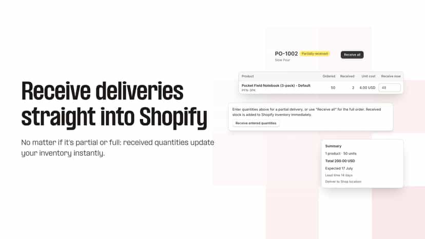 Partial receiving updates Shopify inventory instantly