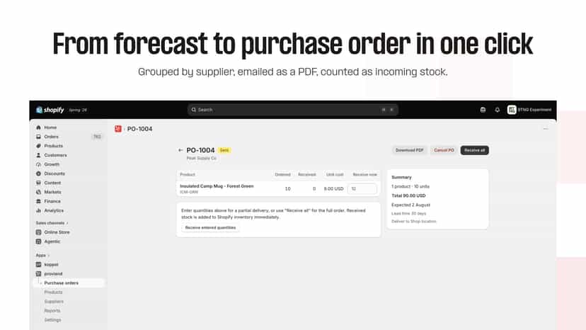 Sent purchase order with PDF download and receive controls