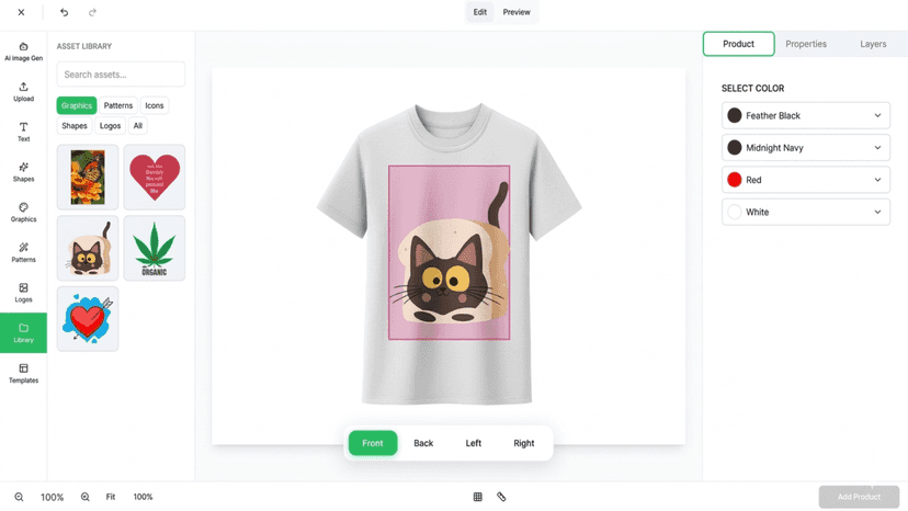 T-shirt design editor with artwork placement and color options