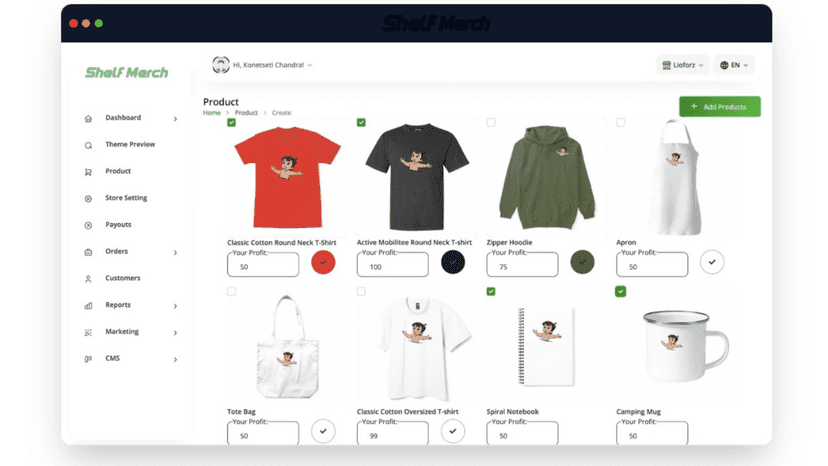 Product catalog with merch items and profit margin settings