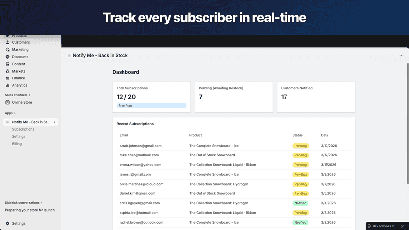 App dashboard with subscriber stats and notifications