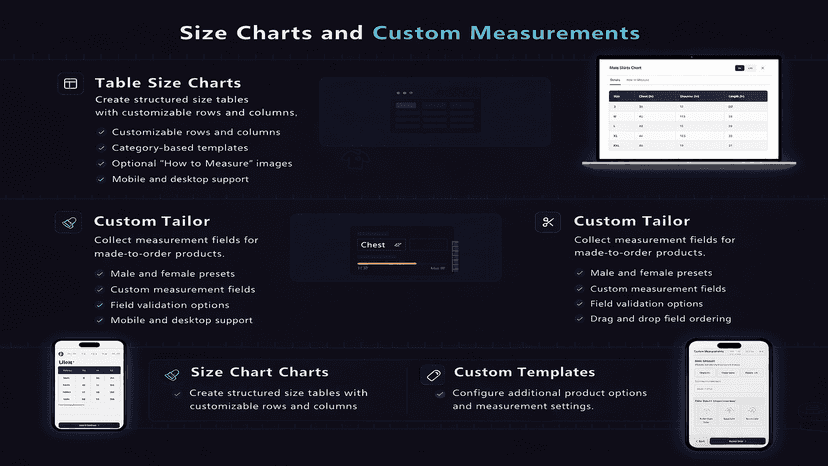Dashboard view showing tools to create and manage size chart tem