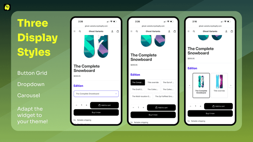 Three mobile screenshots showing carousel, button grid, dropdown