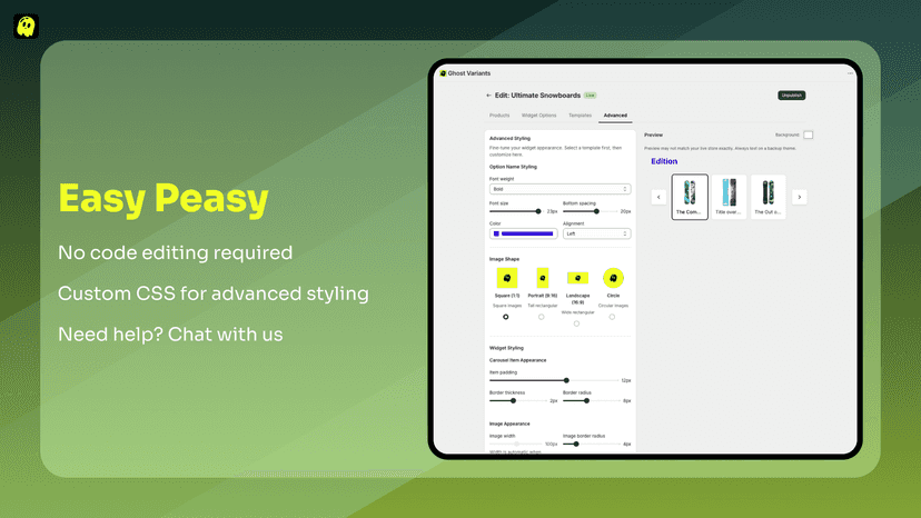 Screenshot of app customizability