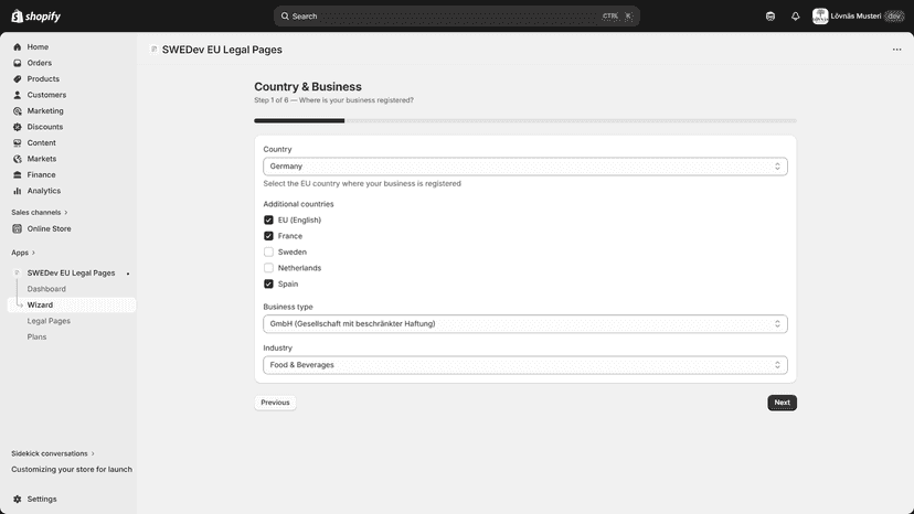 App wizard step 1