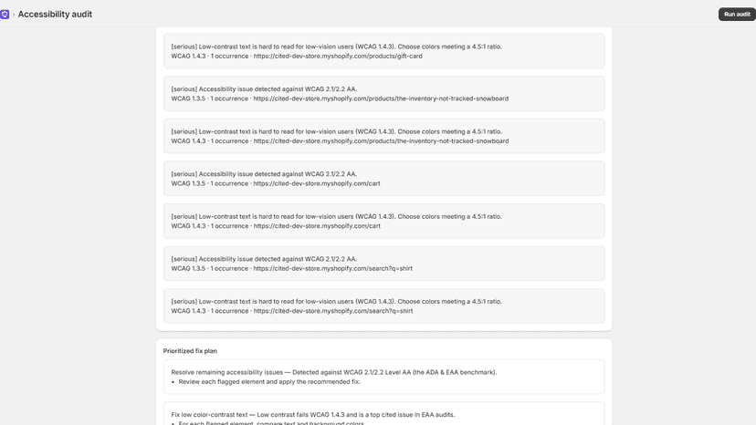 Audit issue list and the prioritized fix plan for contrast
