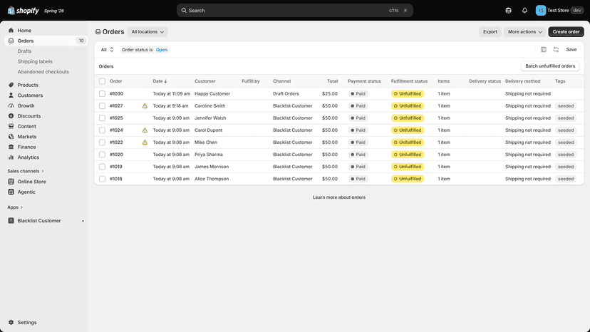 Orders page with flag/warning symbol