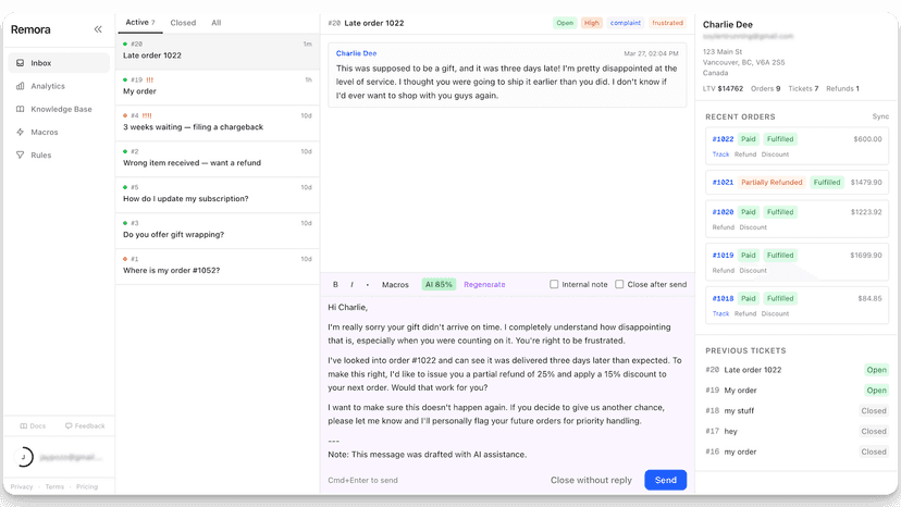 Ticket inbox with conversation and customer details