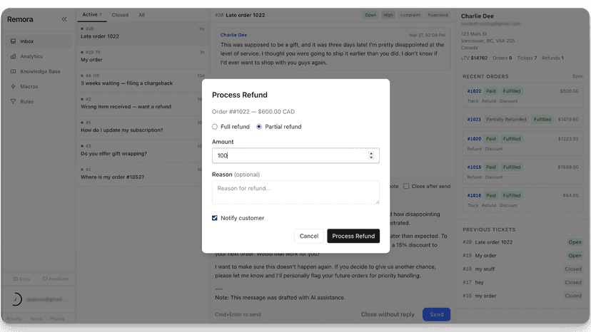 Process refund modal with full and partial refund options