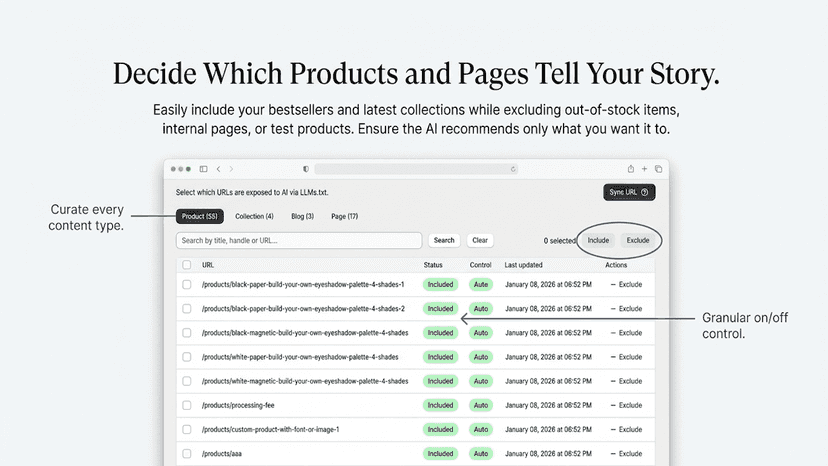 Manage which products and pages are visible to AI crawlers.