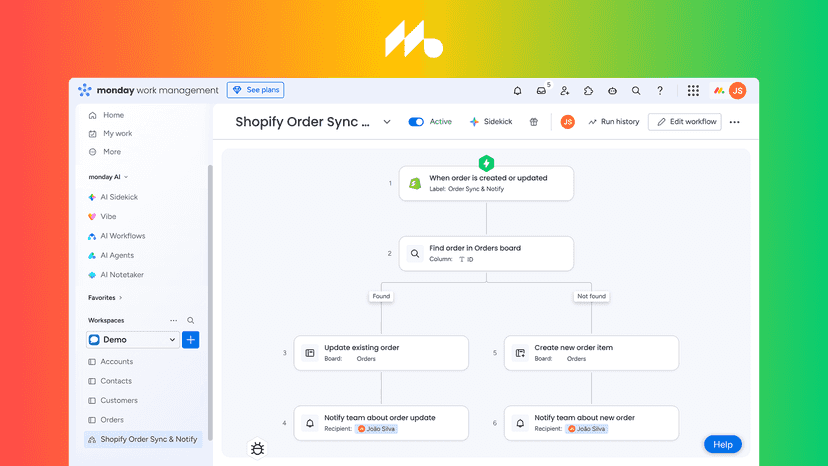 Shopify Order Sync workflow on the monday.com builder canvas.