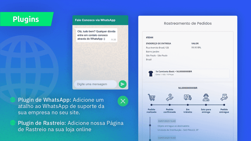 Adicione nosso Plugin de Rastreio e WhatsApp em sua loja.