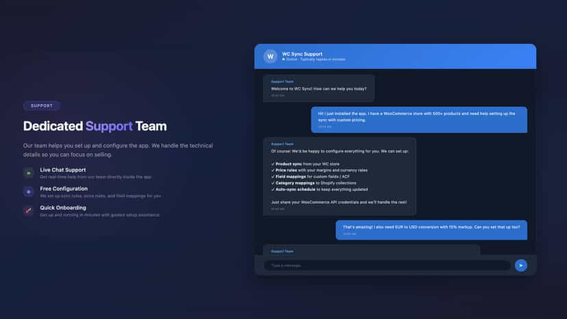 WooSync app support page with contact and help options