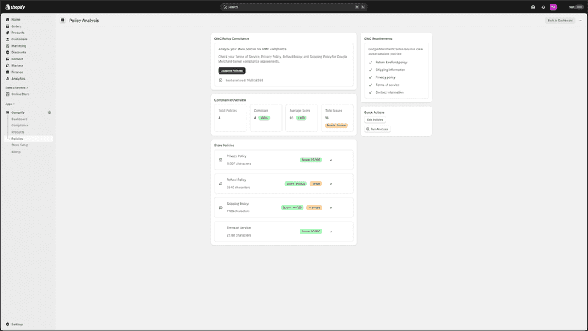 Store policy analysis for Merchant Center compliance