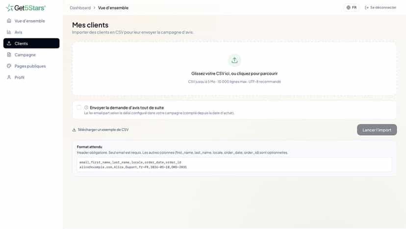 Import CSV de clients pour collecter des avis