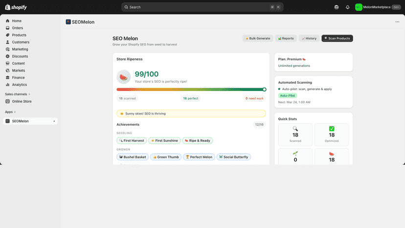 Product detail page showing generated SEO fields and edit contro