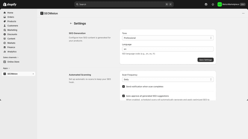 Settings page with SEO generation tone, automated daily scanning