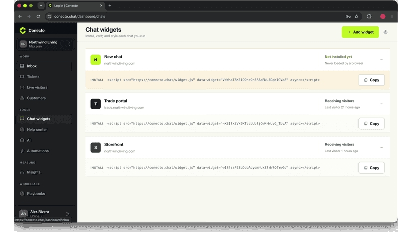 Conecto Chat widgets page with three widget install rows