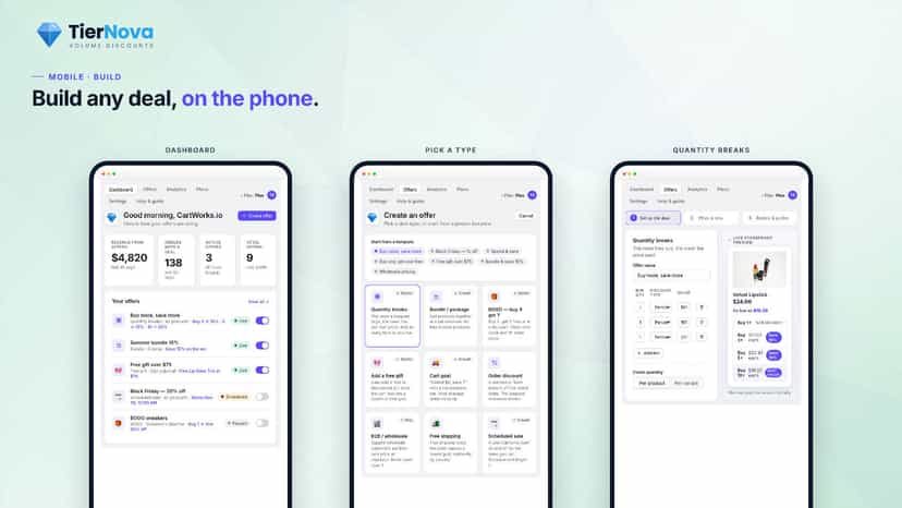 Shopify volume discount app on mobile: dashboard, offers, tiers