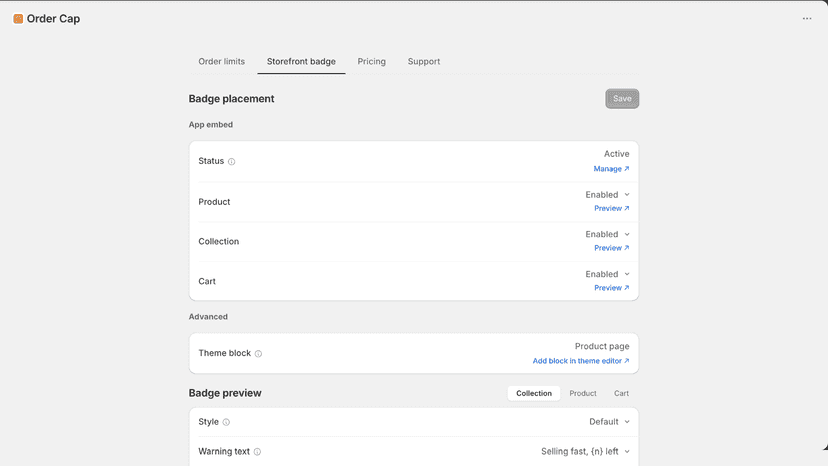 Badge placement settings with app embed and live preview