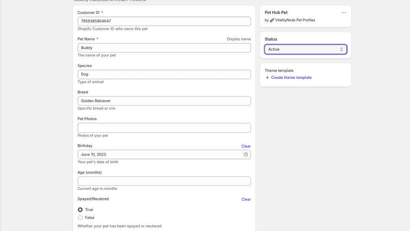 Pet profile showing customer ID reference for automated linking
