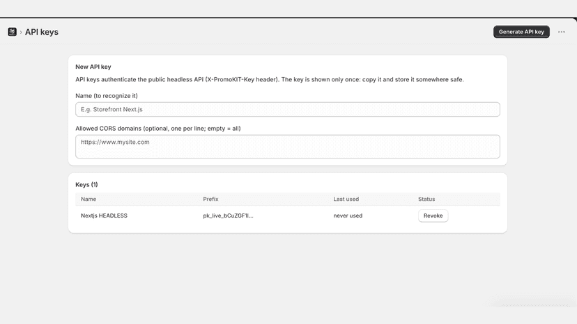 PromoKIT API keys for a headless storefront