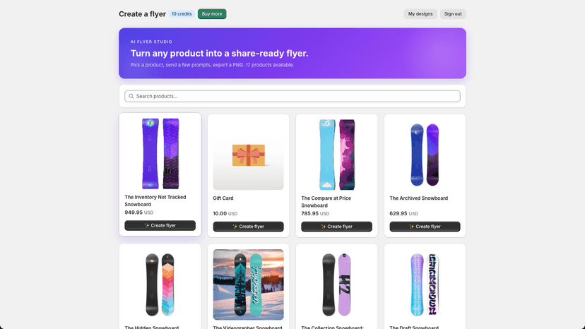 Create a flyer view: pick any product to start a new design